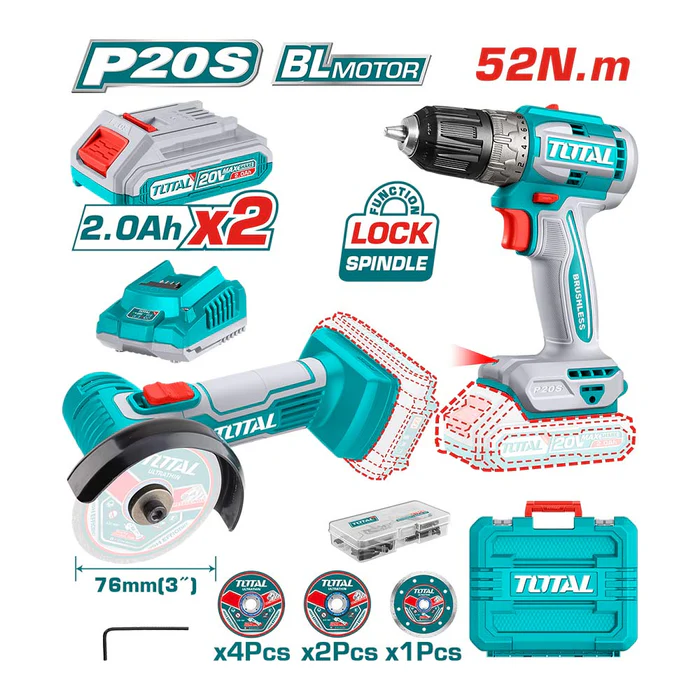 Kit Taladro  20v + Esmeril 3" + 2bat y acce Total