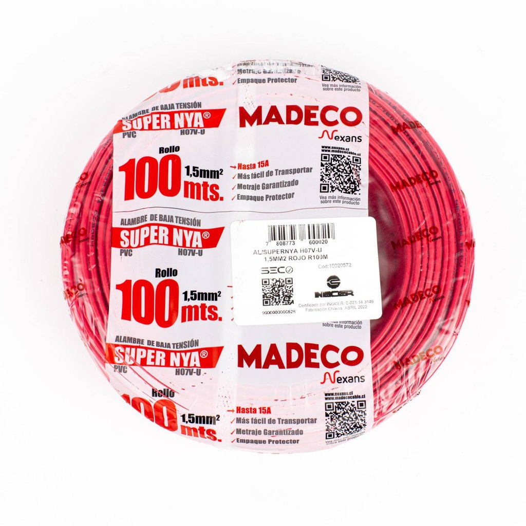 Alambre H07V-U 1.5mm Rojo Paquete 100m